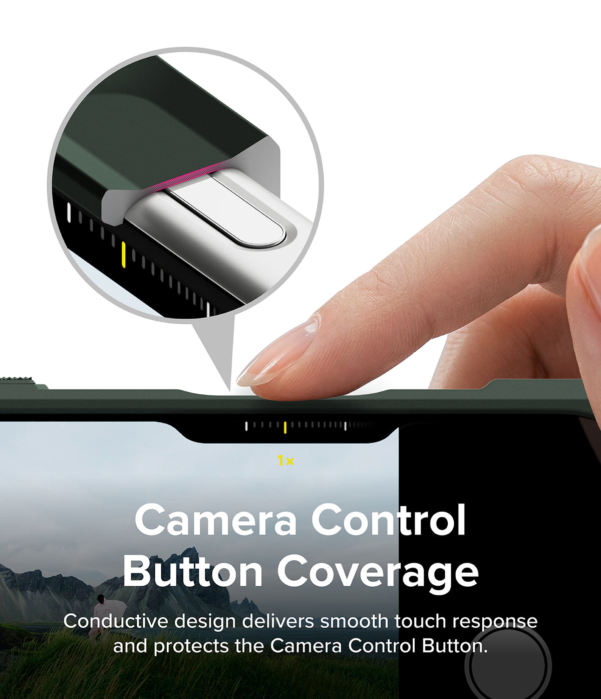 iPhone 18 Pro Case | Rugged Gear Magnetic - Close-up of a finger pressing the camera control button on the top edge of a smartphone case, with a circular inset showing the button coverage detail and marketing text reading 'Camera Control Button Coverage.'.