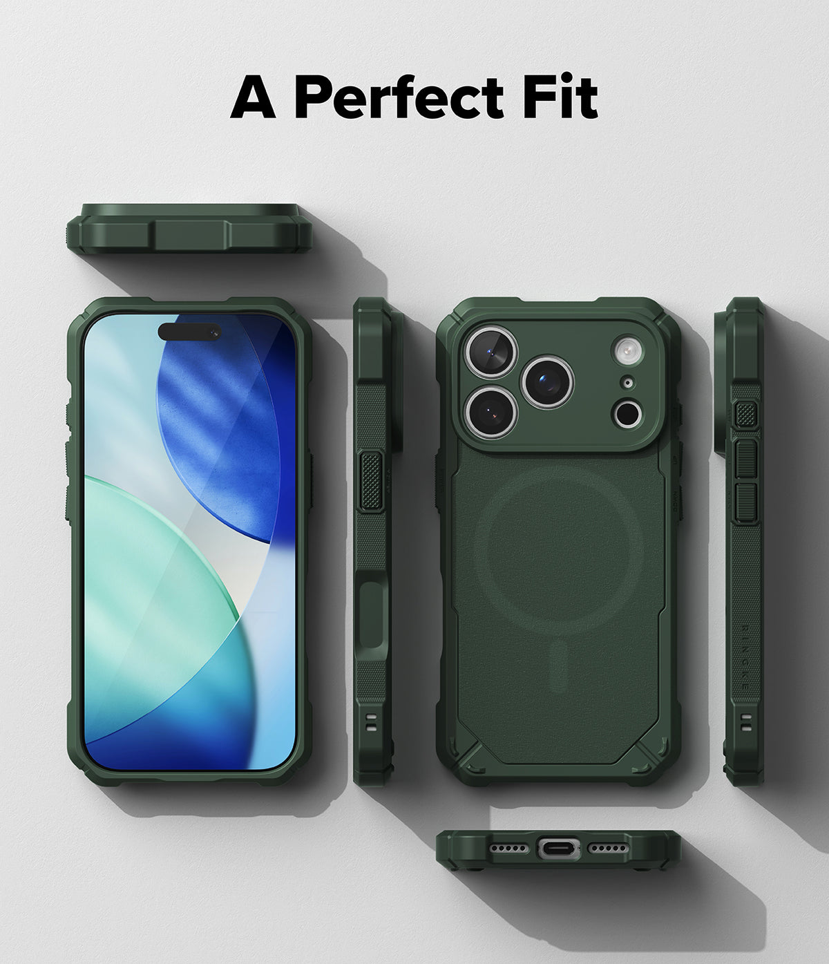 iPhone 18 Pro Case | Rugged Gear Magnetic - A dark green rugged phone case shown from multiple angles on a light gray background, with the text 'A Perfect Fit' at the top. The views include the front with a smartphone inserted, the back, side profiles, and a bottom view showing the charging port opening.