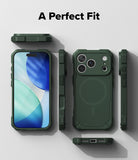 iPhone 18 Pro Case | Rugged Gear Magnetic - A dark green rugged phone case shown from multiple angles on a light gray background, with the text 'A Perfect Fit' at the top. The views include the front with a smartphone inserted, the back, side profiles, and a bottom view showing the charging port opening.