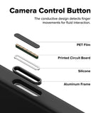 iPhone 18 Pro / Pro Max Case | Silicone Magnetic - Diagram of a camera control button with layers including PET film, printed circuit board, silicone, and aluminum frame.