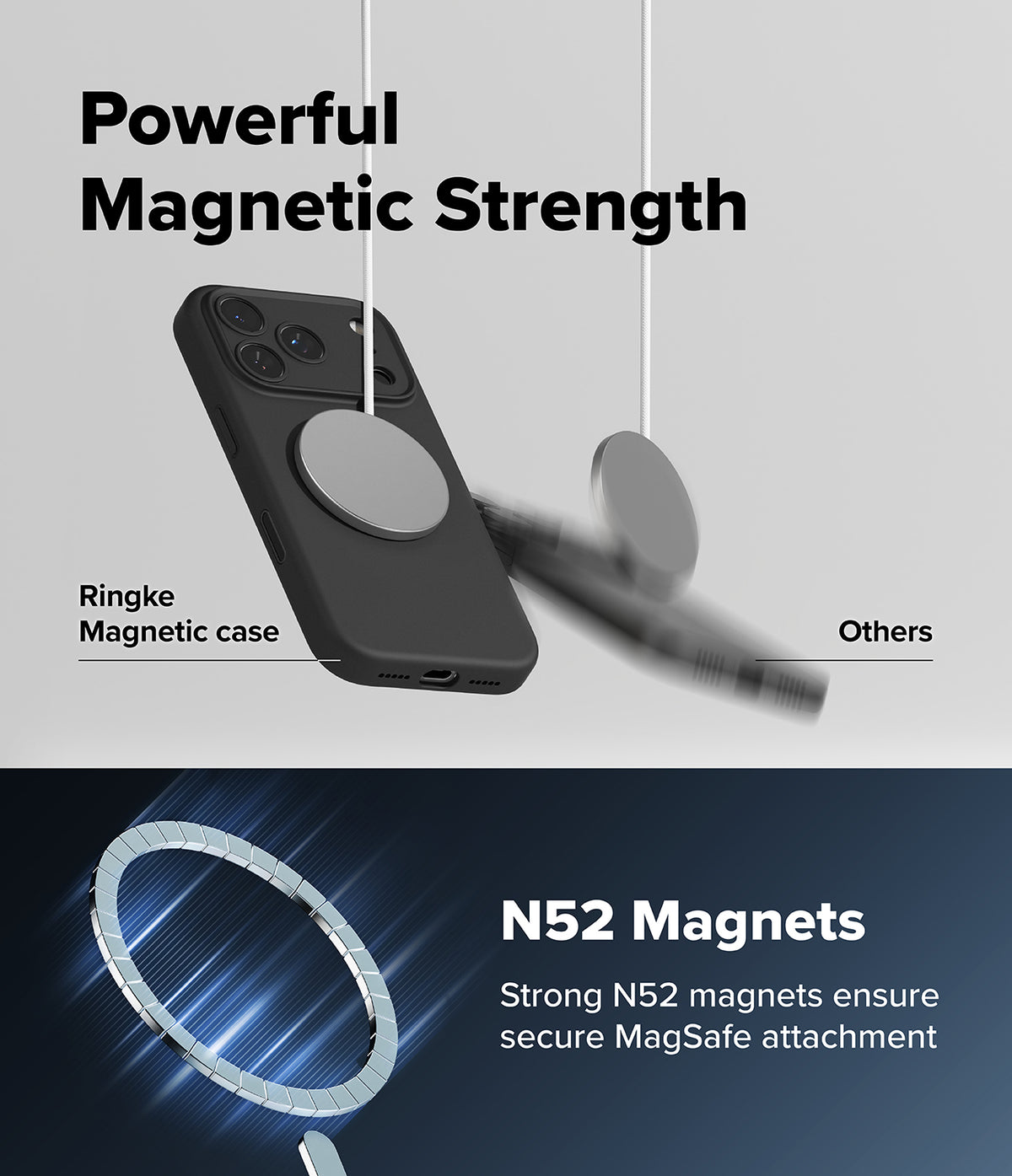 iPhone 18 Pro / Pro Max Case | Silicone Magnetic - Promotional graphic for a dark plum magnetic phone case with a large circular MagSafe ring. The top half shows the case with a matching magnetic disc hovering near it under the text 'Powerful Magnetic Strength,' with a blurred 'Others' disc for comparison.