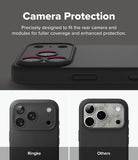 iPhone 18 Pro / Pro Max Case | Silicone Magnetic - Black camera protection case shown on a smartphone back, with text reading 'Camera Protection' and two smaller examples below labeled Ringke and Others.