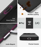 iPhone 18 Pro / Pro Max Case | Silicone Magnetic - A 5-panel product feature collage for a black phone case. The panels show close-ups of the case with text callouts: Full Cover Button, Stain-Resistant Coating with liquid droplets, Inside Magnet, Precise Cutouts, and compatibility icons for Apple Pay, NFC, and wireless charging.
