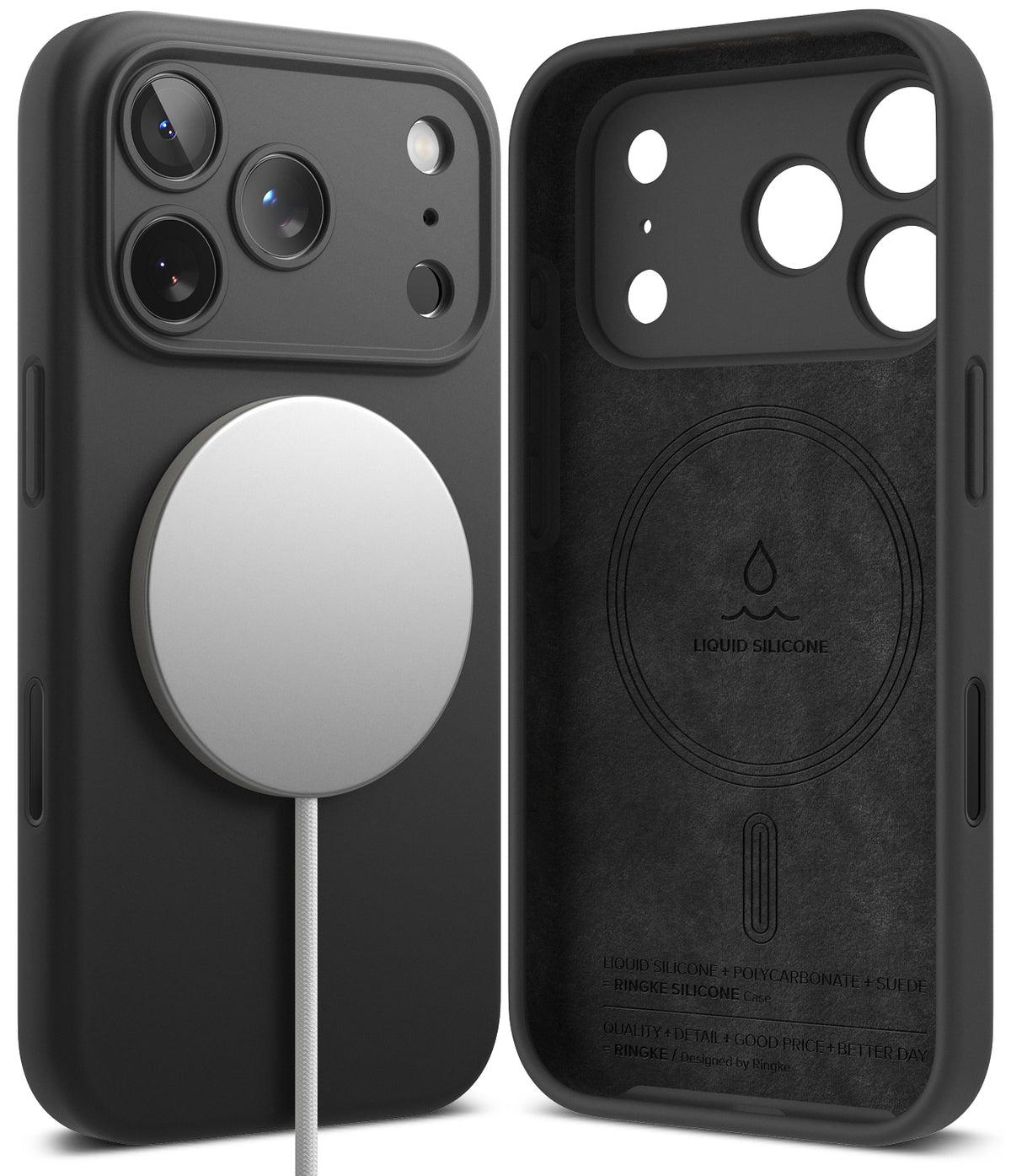 iPhone 18 Pro Case | Silicone Magnetic - Two views of a black phone case with MagSafe compatibility, showing the front with a white MagSafe ring and a cable, and the back with liquid silicone technology printed on it.