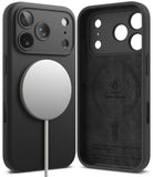 iPhone 18 Pro Case | Silicone Magnetic - Two views of a black phone case with MagSafe compatibility, showing the front with a white MagSafe ring and a cable, and the back with liquid silicone technology printed on it.