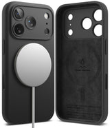 iPhone 18 Pro Case | Silicone Magnetic - Two views of a black phone case with MagSafe compatibility, showing the front with a white MagSafe ring and a cable, and the back with liquid silicone technology printed on it.