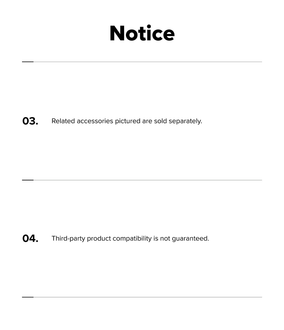 iPhone 18 Pro Case | Silicone Magnetic - A black-and-white notice sheet with the heading 'Notice' and two numbered points: '03. Related accessories pictured are sold separately.
