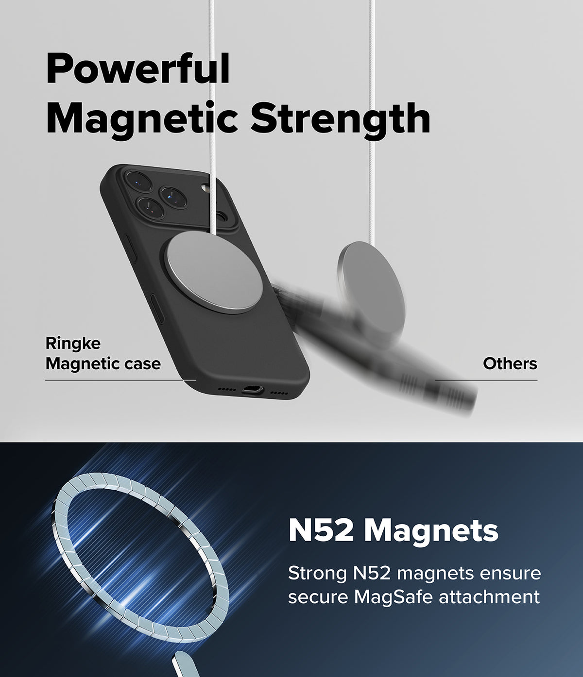iPhone 18 Pro Case | Silicone Magnetic - Promotional graphic for a black magnetic phone case with large circular MagSafe rings, showing one case and one blurred companion magnet under the text 'Powerful Magnetic Strength' and 'N52 Magnets'.