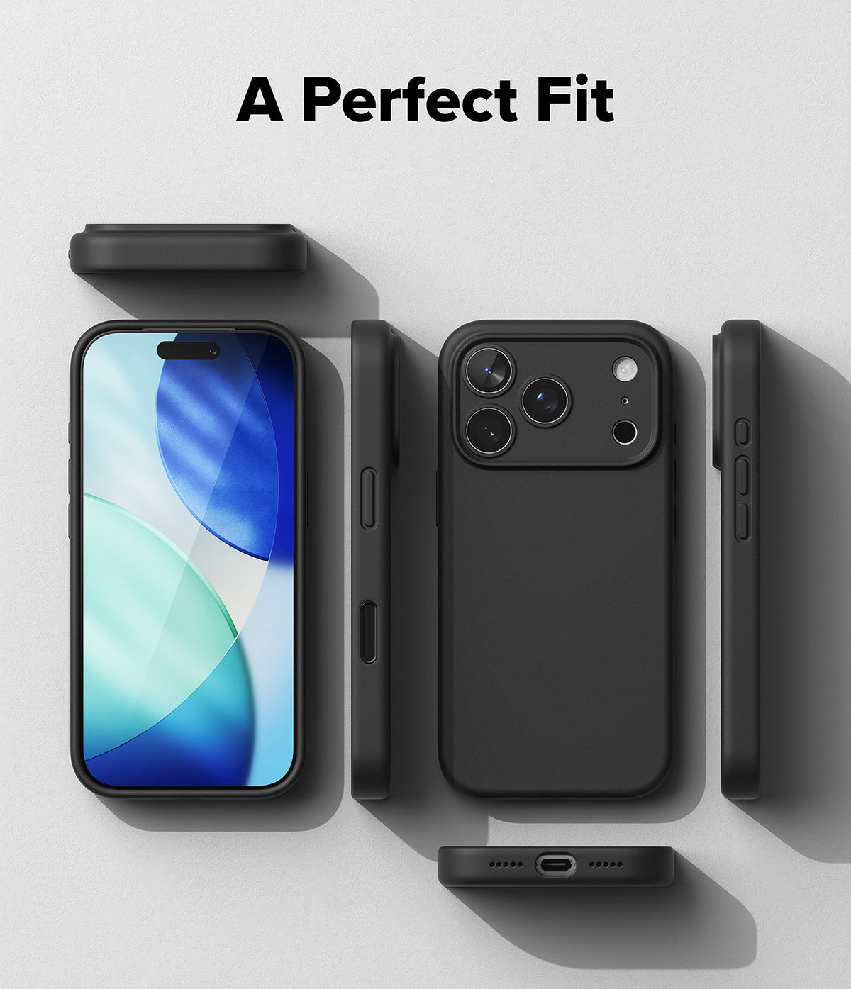 iPhone 18 Pro Case | Silicone Magnetic - Black phone case with smartphone displaying colorful screen on a light gray background