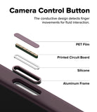 iPhone 18 Pro / Pro Max Case | Silicone Magnetic - Technical product diagram showing a close-up of a phone camera control button area with labeled components: PET Film, Printed Circuit Board, Silicone, and Aluminum Frame, plus explanatory text about detecting finger movements.