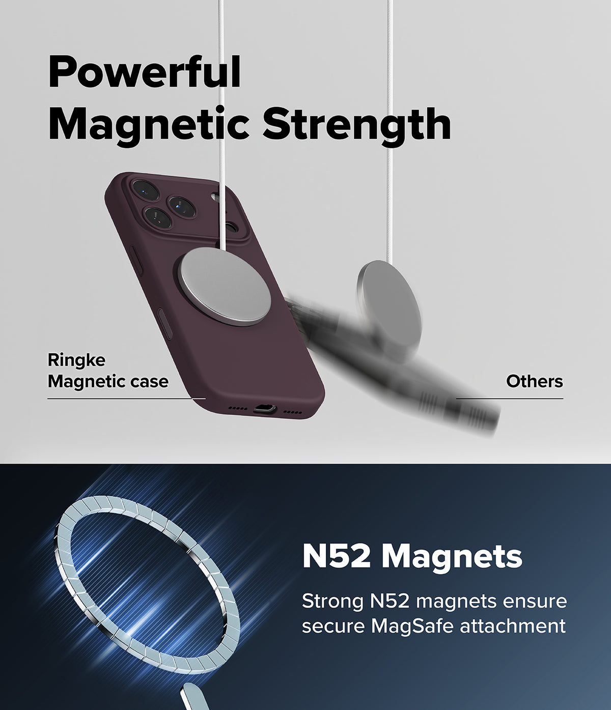 iPhone 18 Pro / Pro Max Case | Silicone Magnetic - Promotional graphic for a dark plum magnetic phone case with a large circular MagSafe ring. The top half shows the case with a matching magnetic disc hovering near it under the text 'Powerful Magnetic Strength,' with a blurred 'Others' disc for comparison.