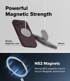 iPhone 18 Pro / Pro Max Case | Silicone Magnetic - Promotional graphic for a dark plum magnetic phone case with a large circular MagSafe ring. The top half shows the case with a matching magnetic disc hovering near it under the text 'Powerful Magnetic Strength,' with a blurred 'Others' disc for comparison.