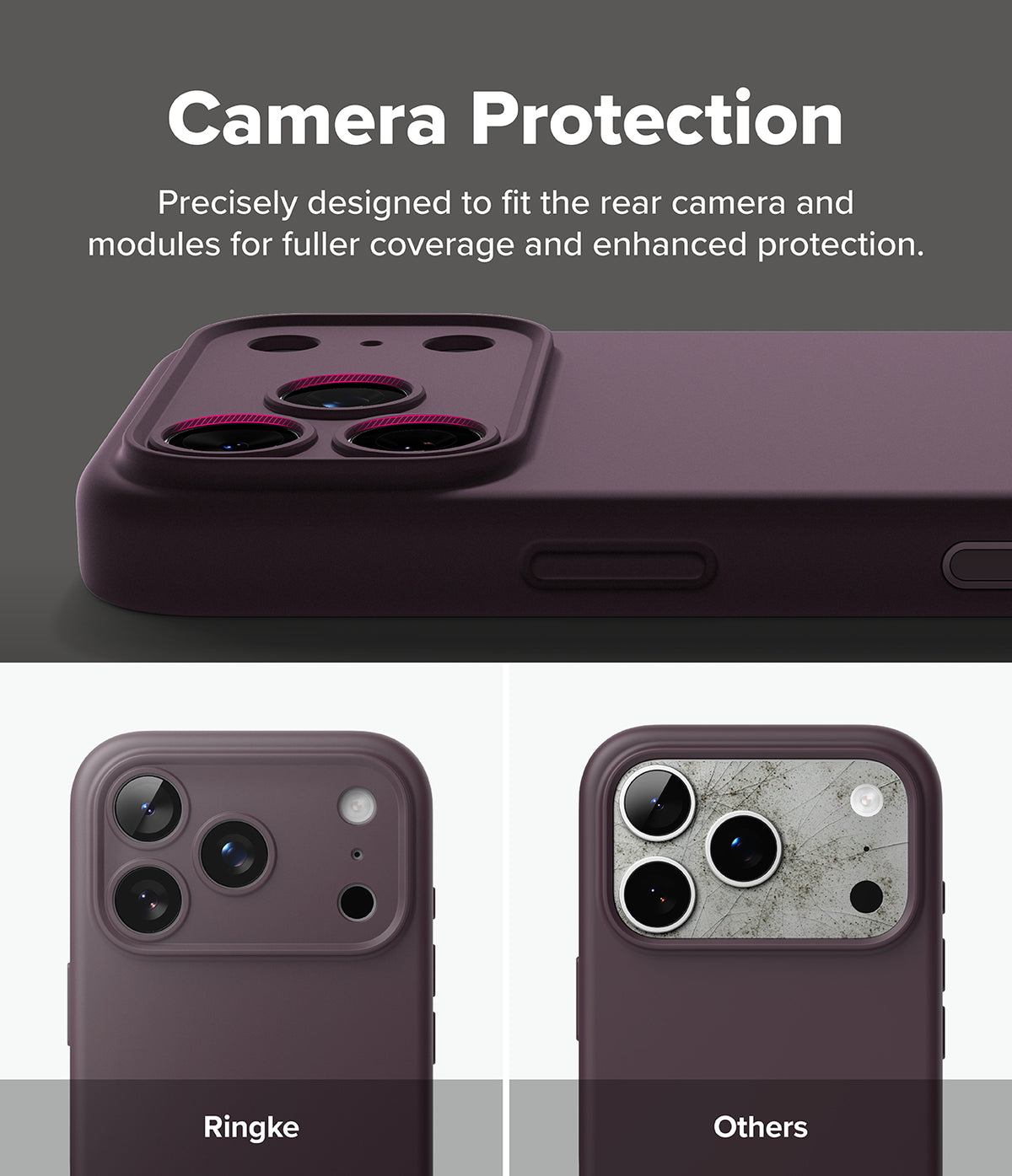 iPhone 18 Pro / Pro Max Case | Silicone Magnetic - A dark purple phone camera protection case shown on a phone, with text reading 'Camera Protection' and two smaller examples below labeled Ringke and Others.