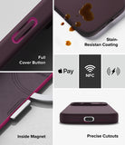 iPhone 18 Pro / Pro Max Case | Silicone Magnetic - A dark purple phone case collage showing product features: a full cover button with a pink accent, stain-resistant coating with liquid droplets, inside magnet detail, and precise cutouts for wireless charging and Apple Pay.