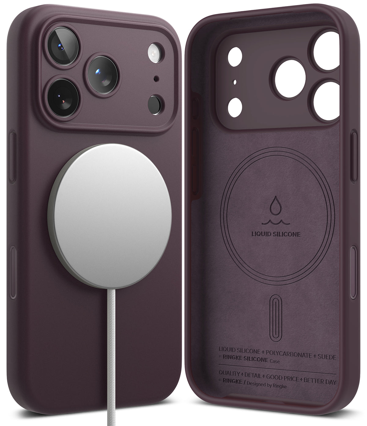 iPhone 18 Pro Case | Silicone Magnetic - Two views of a dark plum purple phone case with MagSafe compatibility, showing the front with a white MagSafe ring and a cable, and the back with liquid silicone technology printed on it.