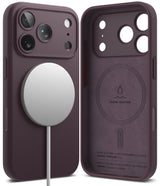 iPhone 18 Pro Case | Silicone Magnetic - Two views of a dark plum purple phone case with MagSafe compatibility, showing the front with a white MagSafe ring and a cable, and the back with liquid silicone technology printed on it.
