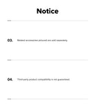 iPhone 18 Pro Case | Silicone Magnetic - A black-and-white notice sheet with the heading 'Notice' and two numbered points: '03. Related accessories pictured are sold separately.
