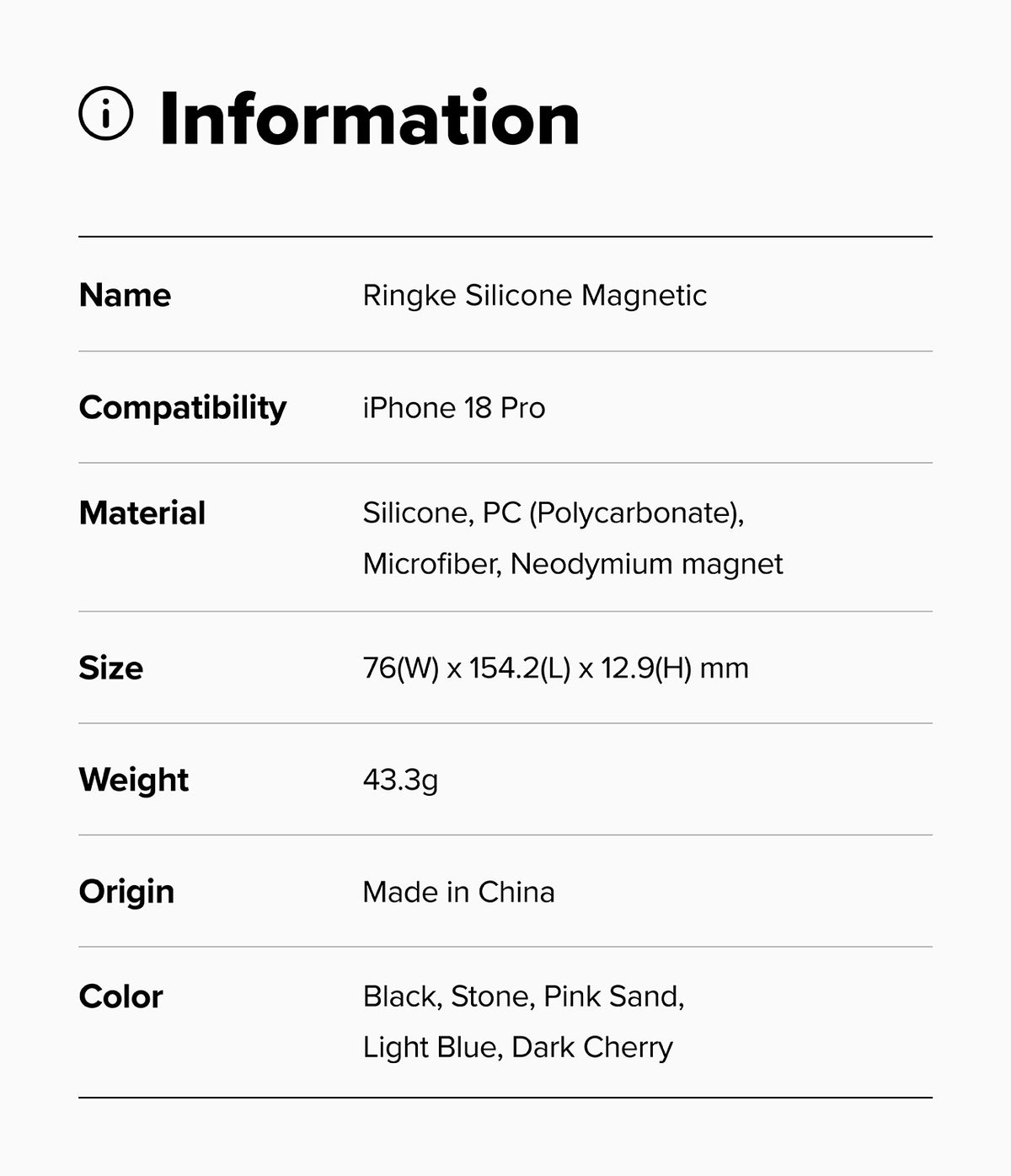 iPhone 18 Pro Case | Silicone Magnetic - Product information card for Ringke Silicone Magnetic case with compatibility details.