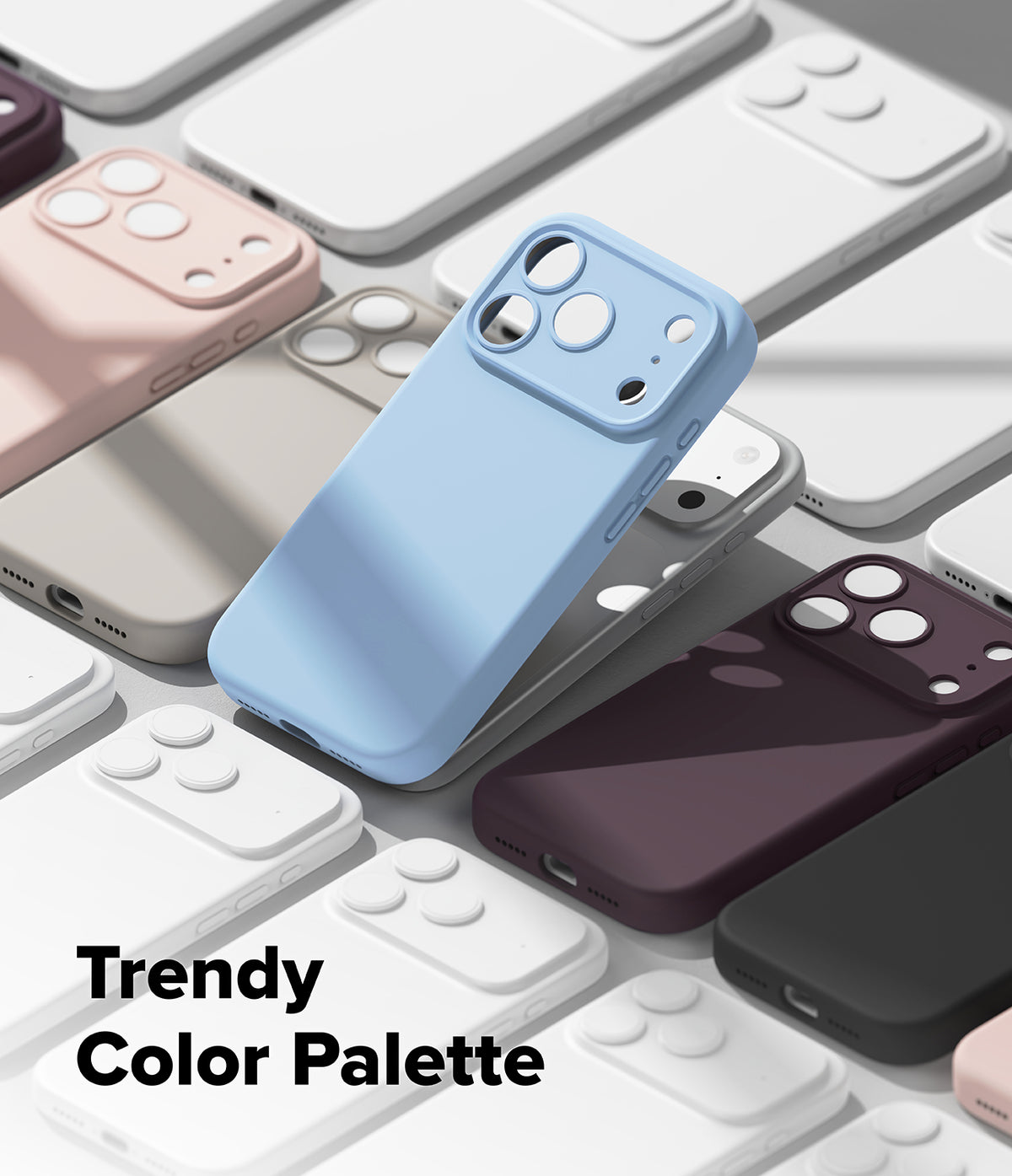 iPhone 18 Pro Case | Silicone Magnetic - A light blue phone case with a matching camera bar is shown among several other phone cases in different colors, including pink, white, gray, and dark purple, with the text 'Trendy Color Palette' in the bottom left corner.