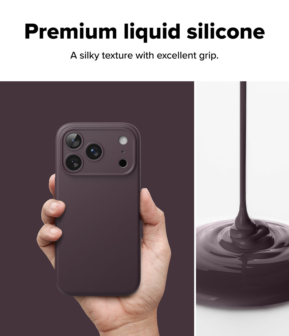 iPhone 18 Pro Case | Silicone Magnetic - A hand holds a dark plum liquid silicone phone case against a split background, with text at the top reading 'Premium liquid silicone' and a close-up of the glossy silicone material on the right.