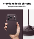 iPhone 18 Pro Case | Silicone Magnetic - A hand holds a dark plum liquid silicone phone case against a split background, with text at the top reading 'Premium liquid silicone' and a close-up of the glossy silicone material on the right.