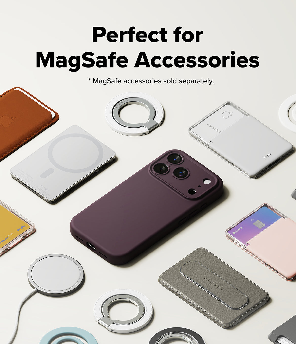 iPhone 18 Pro Case | Silicone Magnetic - A dark plum purple phone case shown on a smartphone, surrounded by various MagSafe accessories like rings, wallets, and a power bank on a light beige background. Text at the top reads 'Perfect for MagSafe Accessories' with a note that MagSafe accessories are sold separately.