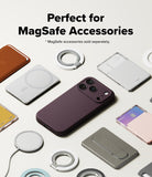 iPhone 18 Pro Case | Silicone Magnetic - A dark plum purple phone case shown on a smartphone, surrounded by various MagSafe accessories like rings, wallets, and a power bank on a light beige background. Text at the top reads 'Perfect for MagSafe Accessories' with a note that MagSafe accessories are sold separately.