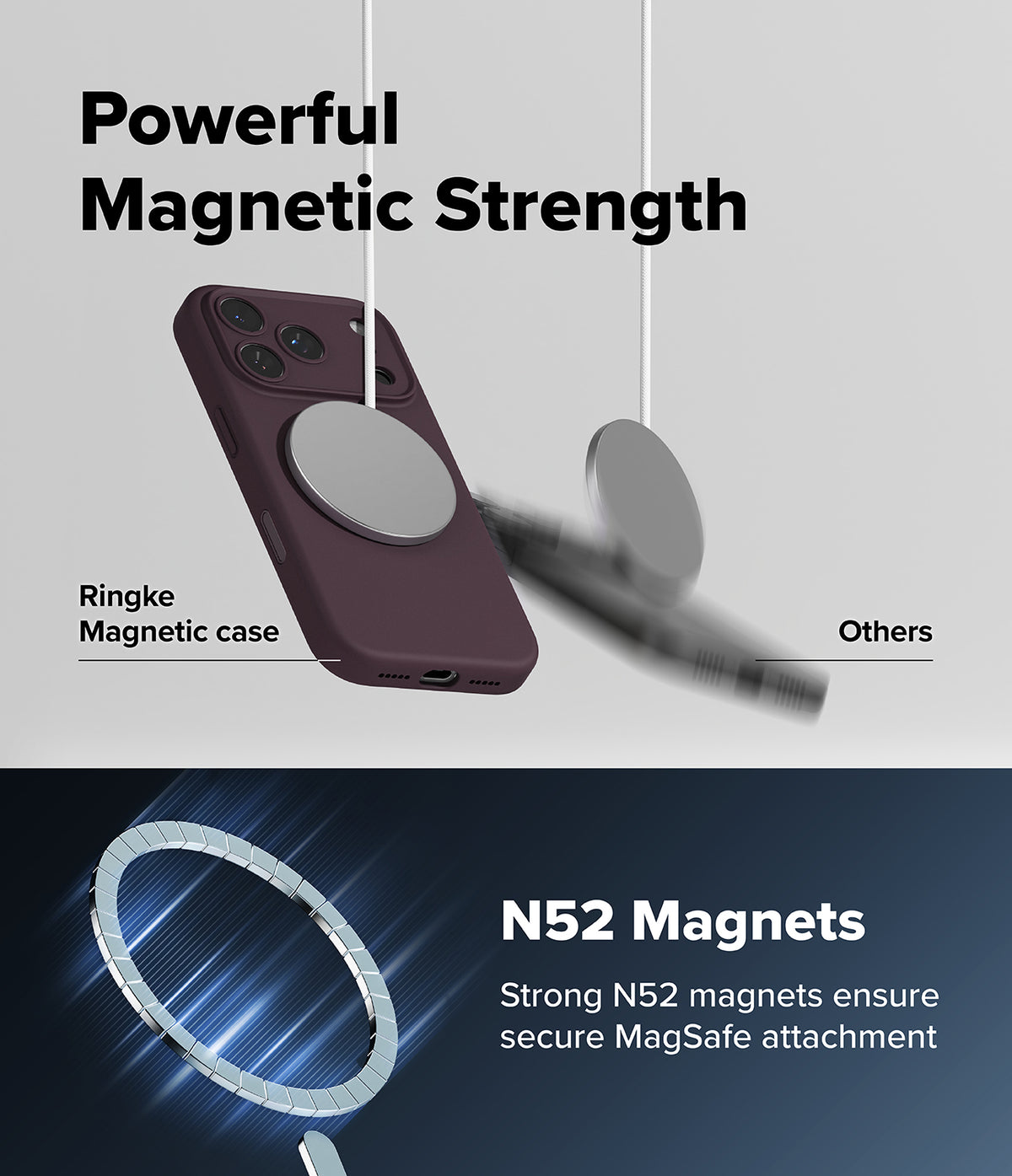iPhone 18 Pro Case | Silicone Magnetic - Promotional graphic for a magnetic phone case showing a dark plum ring case with a large circular MagSafe ring, labeled 'Powerful Magnetic Strength' and 'Ringke Magnetic case,' with a blurred comparison object and text 'Others.' A second case appears at the bottom on a dark blue background with text 'N52 Magnets' and 'Strong N52 magnets ensure secure MagSafe attachment.