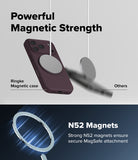 iPhone 18 Pro Case | Silicone Magnetic - Promotional graphic for a magnetic phone case showing a dark plum ring case with a large circular MagSafe ring, labeled 'Powerful Magnetic Strength' and 'Ringke Magnetic case,' with a blurred comparison object and text 'Others.' A second case appears at the bottom on a dark blue background with text 'N52 Magnets' and 'Strong N52 magnets ensure secure MagSafe attachment.