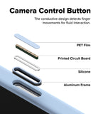 iPhone 18 Pro / Pro Max Case | Silicone Magnetic - Exploded diagram labeled 'Camera Control Button' showing layered components around a phone camera opening: PET Film, Printed Circuit Board, Silicone, and Aluminum Frame, with a close-up of the blue camera area and explanatory text about detecting finger movements.