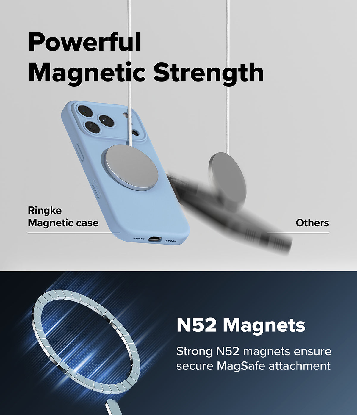 iPhone 18 Pro / Pro Max Case | Silicone Magnetic - A promotional graphic for a light blue magnetic phone case. The top half shows the case with a large circular magnetic ring and a blurred matching magnet approaching it under the text 'Powerful Magnetic Strength.
