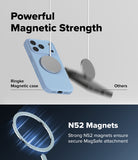 iPhone 18 Pro / Pro Max Case | Silicone Magnetic - A promotional graphic for a light blue magnetic phone case. The top half shows the case with a large circular magnetic ring and a blurred matching magnet approaching it under the text 'Powerful Magnetic Strength.