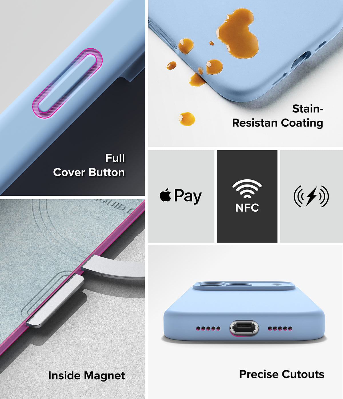iPhone 18 Pro / Pro Max Case | Silicone Magnetic - A light blue phone case shown in a multi-panel feature graphic with text callouts: Full Cover Button, Stain-Resistant Coating, Inside Magnet, Precise Cutouts, and compatibility icons for Apple Pay and NFC. The collage highlights product features rather than showing the phone alone.