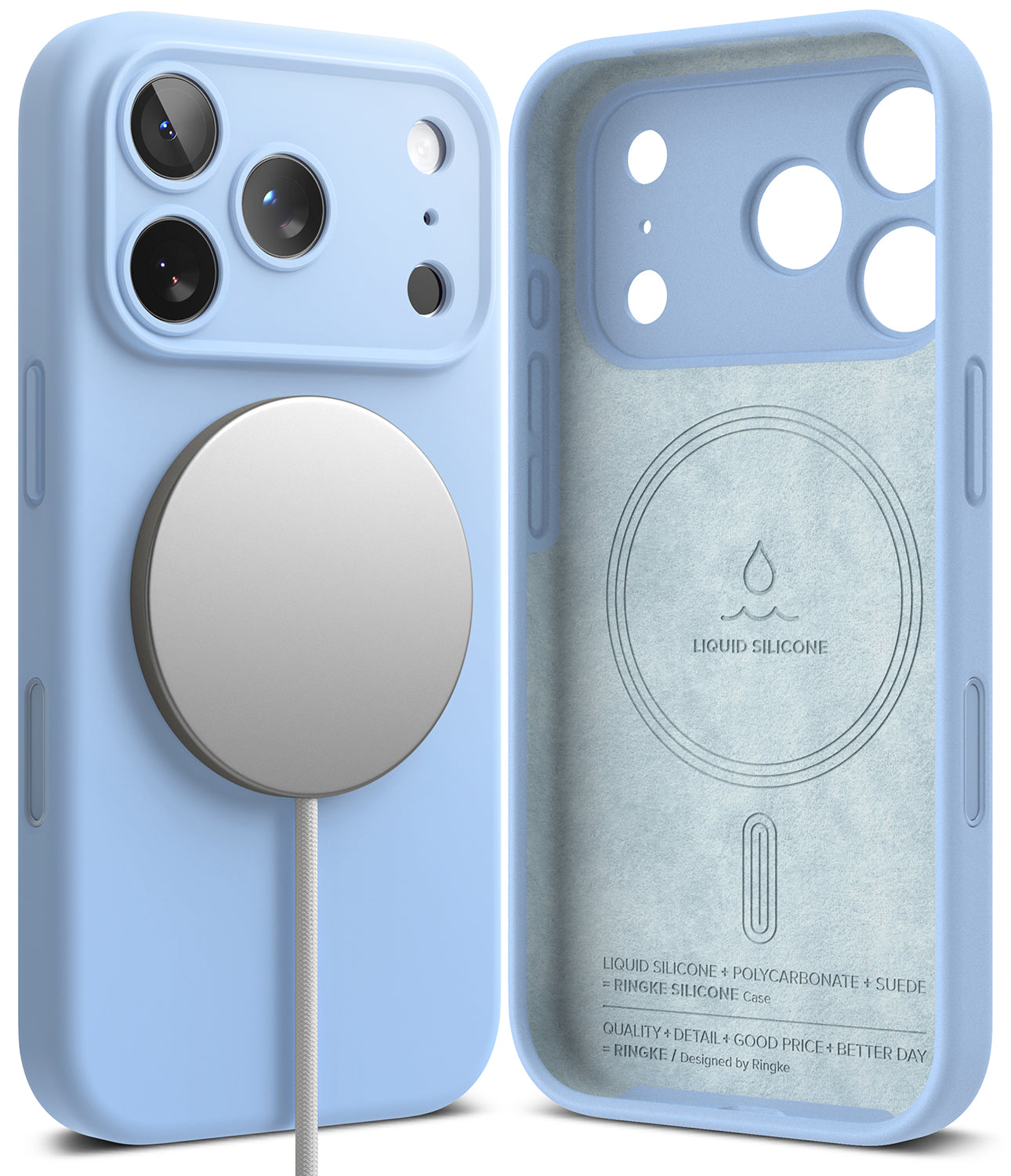 iPhone 18 Pro Case | Silicone Magnetic - A light blue protective phone case shown from the back and back view, featuring a large circular MagSafe-compatible magnetic ring on the back and printed liquid silicone details on the inside.