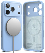 iPhone 18 Pro Case | Silicone Magnetic - A light blue protective phone case shown from the back and back view, featuring a large circular MagSafe-compatible magnetic ring on the back and printed liquid silicone details on the inside.