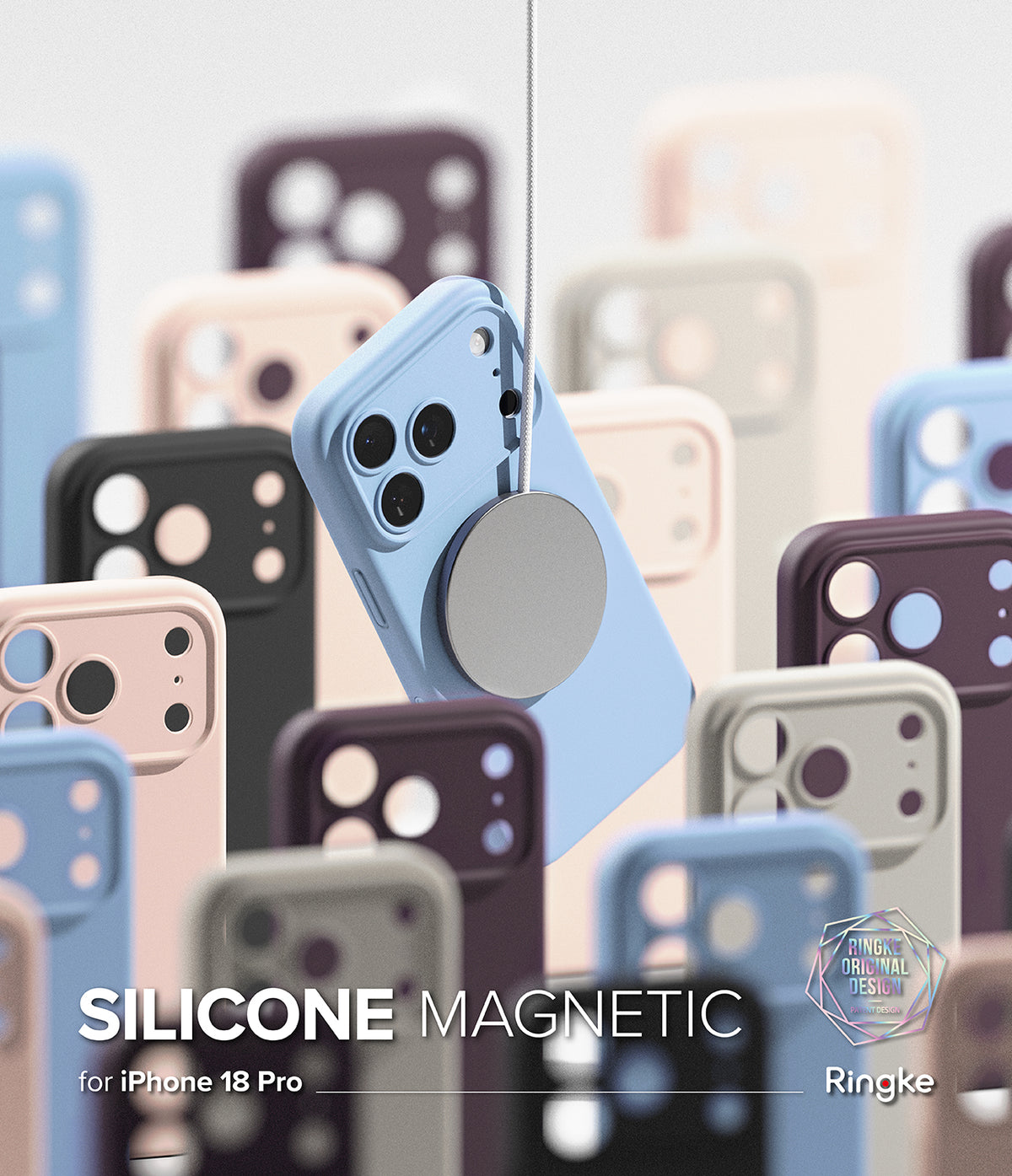 iPhone 18 Pro Case | Silicone Magnetic - A light blue silicone magnetic phone case with a circular magnetic ring, shown floating in front of a blurred background of multiple phone cases in various colors. Text at the bottom reads 'SILICONE MAGNETIC for iPhone 18 Pro Max' and the Ringke logo is visible in the bottom right corner.