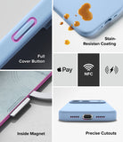 iPhone 18 Pro Case | Silicone Magnetic - A light blue phone case shown in a multi-panel feature graphic with text callouts: Full Cover Button, Stain-Resistant Coating, Inside Magnet, Precise Cutouts, and compatibility icons for Apple Pay and NFC. The collage highlights product features rather than showing the phone alone.