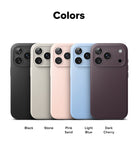 iPhone 18 Pro Case | Silicone Magnetic - A color options graphic showing five smartphone cases on a white background under the heading 'Colors.' The cases are labeled Black, Stone, Pink Sand, Light Blue, and Dark Cherry, with the phone camera cutouts visible on each case.