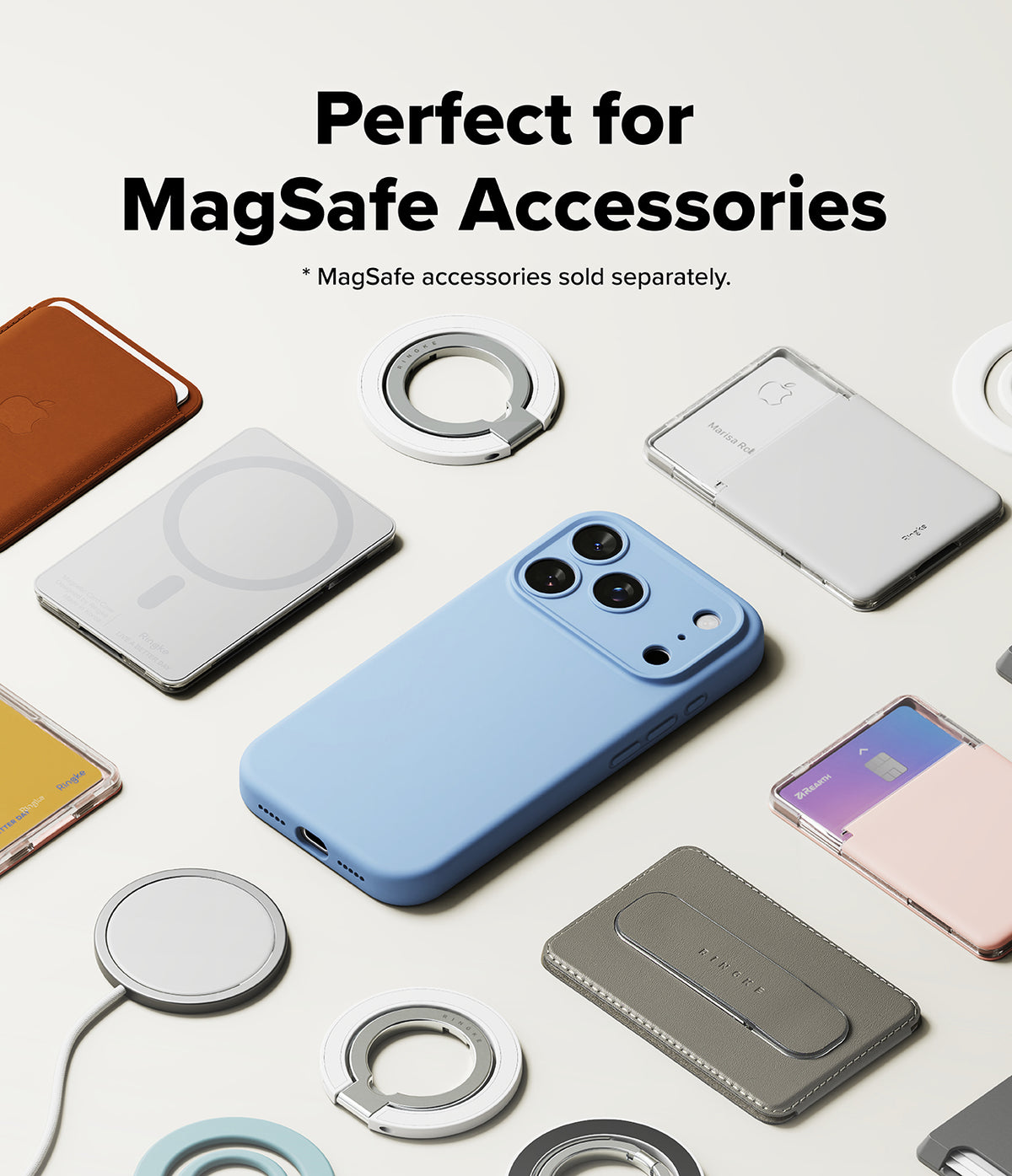 iPhone 18 Pro Case | Silicone Magnetic - A light blue phone case centered on a clean off-white background, surrounded by various MagSafe accessories including rings, a brown wallet, and other phone cases. Text at the top reads 'Perfect for MagSafe Accessories' with a note that MagSafe accessories are sold separately.