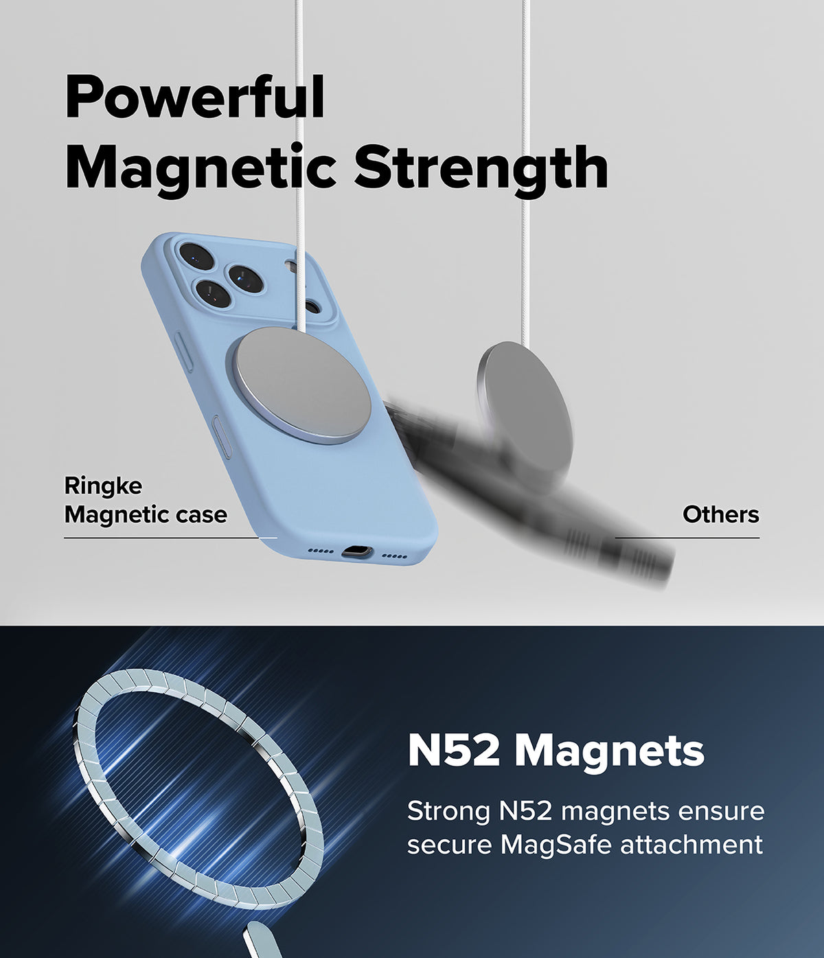iPhone 18 Pro Case | Silicone Magnetic - A promotional graphic for a light blue magnetic phone case. The top half shows the case with a large circular magnetic ring and a blurred phone magnet hovering nearby under the text 'Powerful Magnetic Strength.