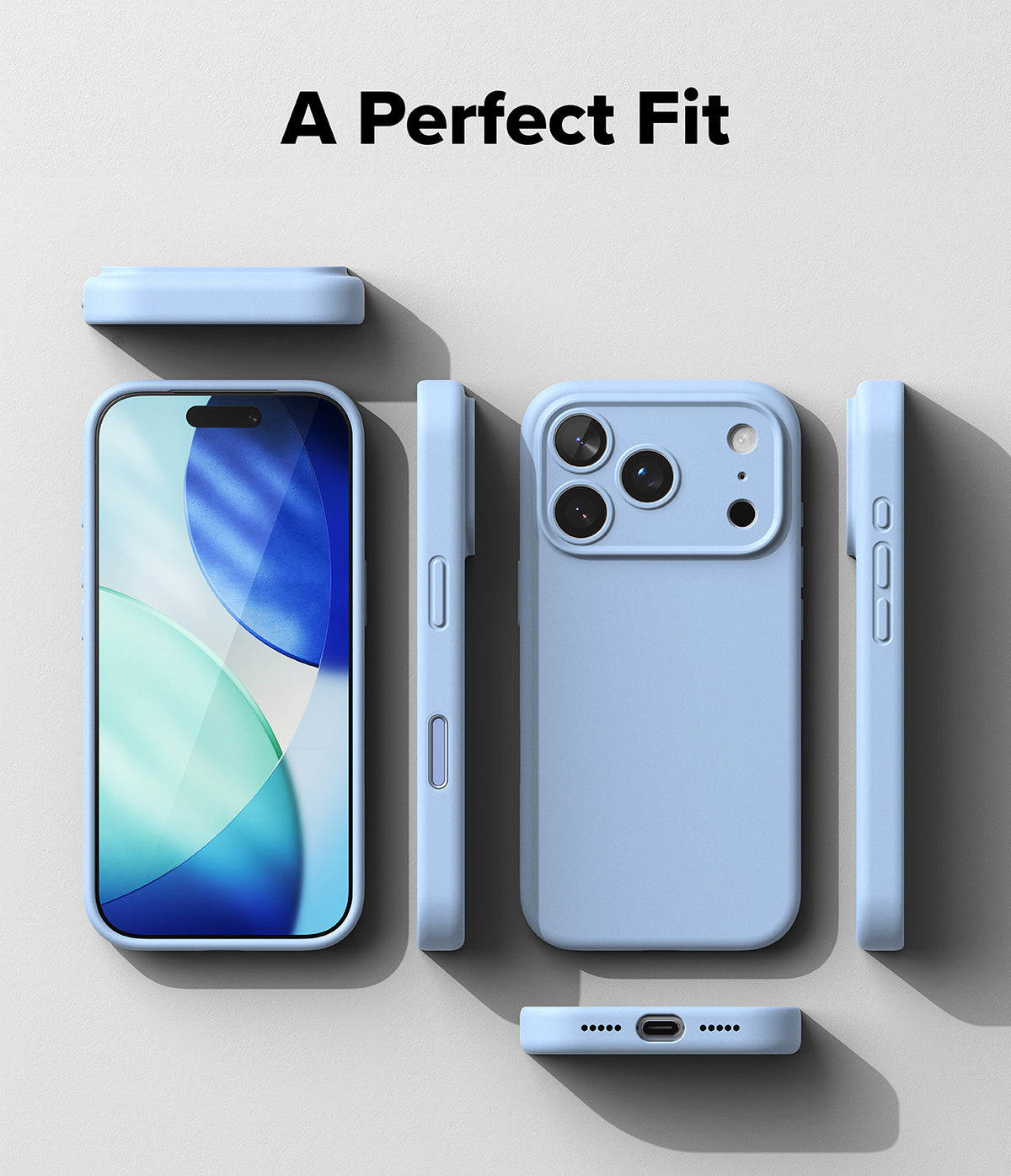 iPhone 18 Pro Case | Silicone Magnetic - A light blue phone case shown from multiple angles on a clean light gray background, with the text 'A Perfect Fit' at the top. The views include the front, back, side, and bottom of the case, with a smartphone displayed inside the case.