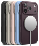 iPhone 18 Pro Case | Silicone Magnetic - Five magnetic phone cases in different colors (black, gray, beige, light blue, and dark purple) are lined up, with the front purple case shown prominently with a white MagSafe ring attached.
