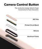 iPhone 18 Pro / Pro Max Case | Silicone Magnetic - An explanatory product graphic labeled 'Camera Control Button' showing a close-up of a phone camera opening with labeled layers: PET Film, Printed Circuit Board, Silicone, and Aluminum Frame. Text explains that the conductive design detects finger movements for fluid interaction.