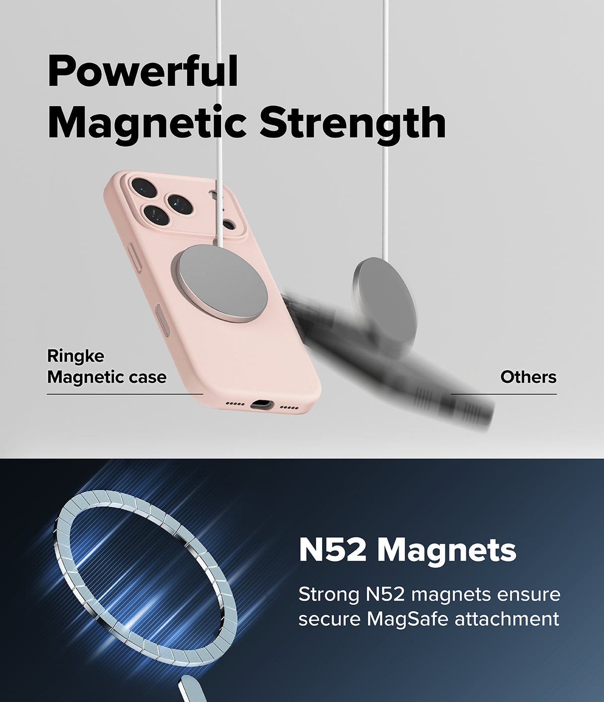 iPhone 18 Pro / Pro Max Case | Silicone Magnetic - A promotional graphic for a pink magnetic phone case with large circular magnets. The top half shows the case hanging against a light gray background with text reading 'Powerful Magnetic Strength' and 'Ringke Magnetic case' versus 'Others.