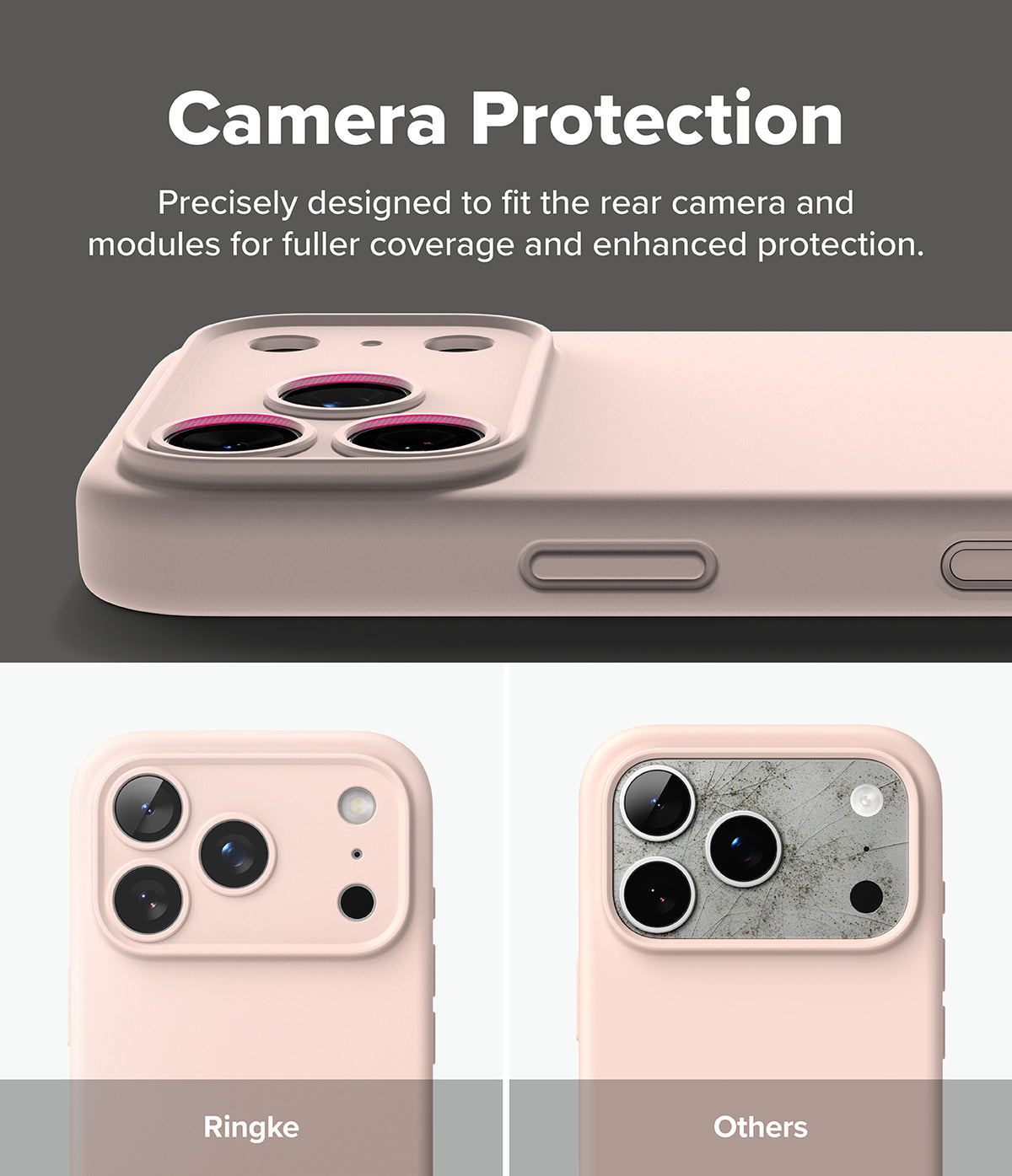 iPhone 18 Pro / Pro Max Case | Silicone Magnetic - A promotional graphic for a phone camera protection case. The top section shows a pale pink phone case with a raised camera module insert and marketing text reading 'Camera Protection.