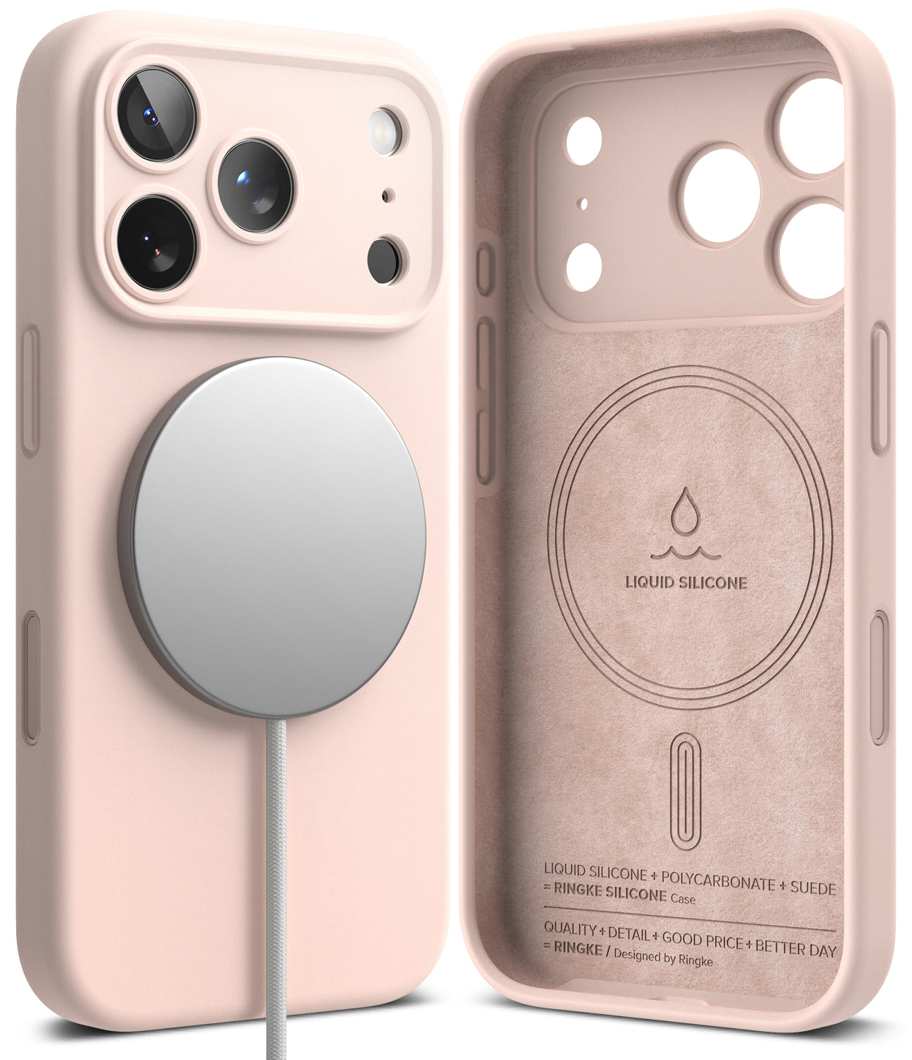 iPhone 18 Pro Case | Silicone Magnetic - Two views of a light pink phone case with MagSafe compatibility, showing the front with a white MagSafe ring and a cable, and the back with liquid silicone technology printed on it.