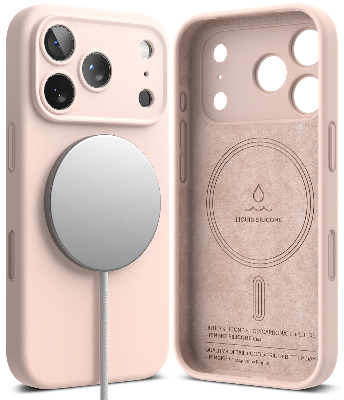 iPhone 18 Pro Case | Silicone Magnetic - Two views of a light pink phone case with MagSafe compatibility, showing the front with a white MagSafe ring and a cable, and the back with liquid silicone technology printed on it.