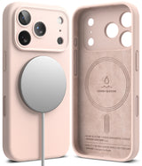 iPhone 18 Pro Case | Silicone Magnetic - Two views of a light pink phone case with MagSafe compatibility, showing the front with a white MagSafe ring and a cable, and the back with liquid silicone technology printed on it.