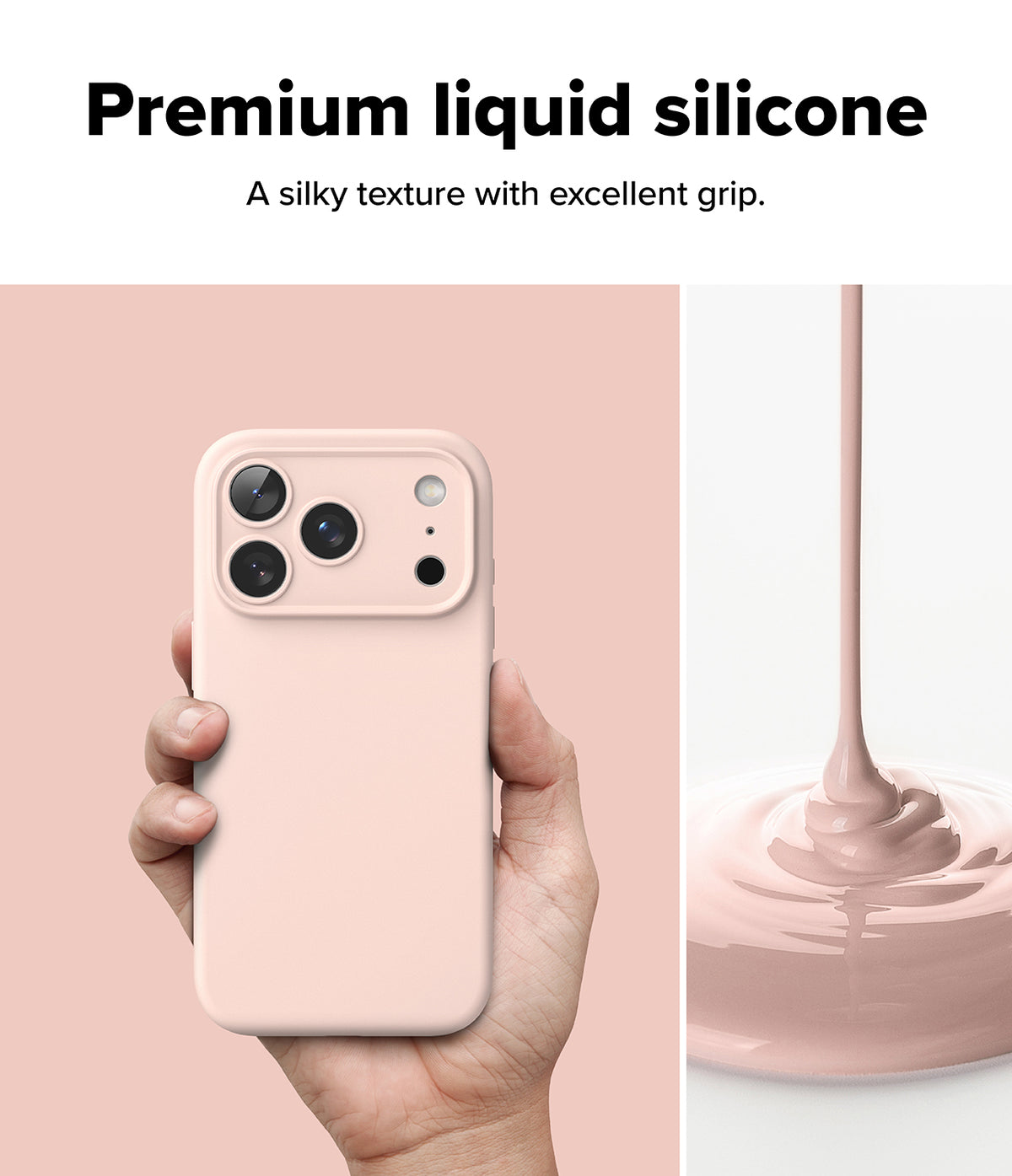 iPhone 18 Pro Case | Silicone Magnetic - A hand holds a light pink phone case against a soft pink background, with text at the top reading 'Premium liquid silicone' and a side panel showing the silicone material being poured into a pool.