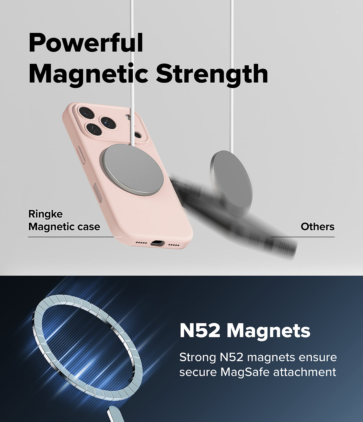 iPhone 18 Pro Case | Silicone Magnetic - A promotional graphic for a pink magnetic phone case with a gray circular MagSafe ring. The top half shows the case hanging against a light gray background with text reading 'Powerful Magnetic Strength' and 'Ringke Magnetic case' versus 'Others.